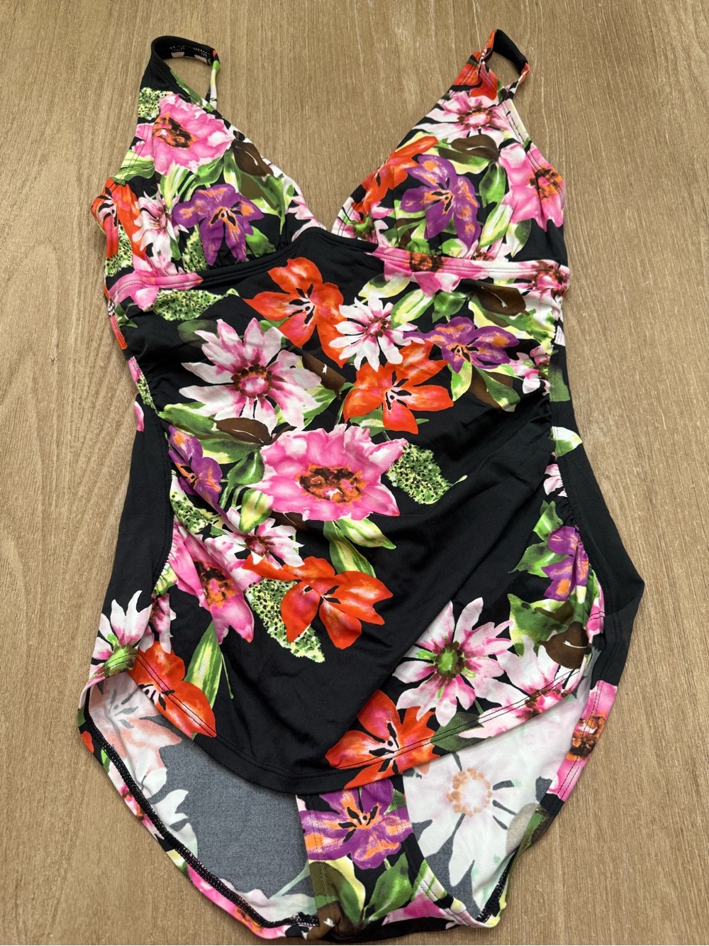 Tommy Bahama Tropical Floral One Piece Swimsuit Ruched Slimming Black Size 12